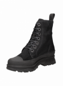 Botín de cuero negro para mujer con taco plano de 6.5 cm y punta redonda, estilo informal contemporáneo.