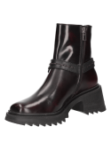 Botín femenino burdeo de cuero con taco bloque, combinando estilo informal y presencia imponente.