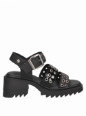 Sandalia de cuero negro con taco bloque y diseño moderno, perfecta para un look casual.