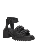 Sandalia de cuero negro de mujer, diseño contemporáneo con taco plano de 6 cm y punta abierta.
