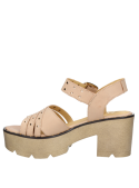 Sandalia de cuero beige, estilo casual para mujer, con diseño moderno y taco bloque de 8 cm.