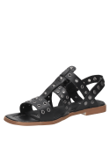 Sandalia de cuero negro con tachas, estilo irreverente y moderno, perfecta para mujer.