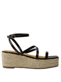 Sandalia de mujer negra casual de cuero con plataforma tipo alpargata y tiras finas cruzadas para un look boho.