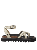 Sandalia beige de cuero para mujer con correas cruzadas elegantes y ajuste de hebilla en el tobillo, estilo casual moderno.