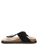 "Cómoda sandalia de cuero negra para mujer, estilo casual, con soporte ergonómico y diseño similar a las ""birkenstock""."