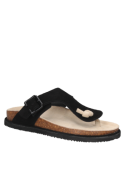Sandalia negra de cuero para mujer, estilo casual, con tira ancha, hebilla y plantilla moldeada.