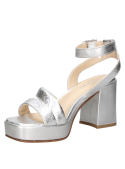Sandalia de mujer en plata, estilo casual, plataforma de cuero con taco cuadrado y tiras cruzadas sobre el empeine.
