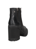 Botín de cuero negro para mujer, taco cuadrado mediano, ideal para salidas casuales y eventos informales.