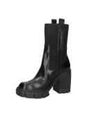 Bota negra de cuero para mujer, casual, caña alta y elástica, ideal para climas urbanos.