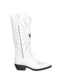 Bota vaquera de cuero blanco de caña alta, diseño robusto y resistente con detalles únicos, ideal para uso versátil.