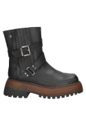Bota de mujer negra de cuero, estilo chunky, sin detalles adicionales, ideal para eventos al aire libre.