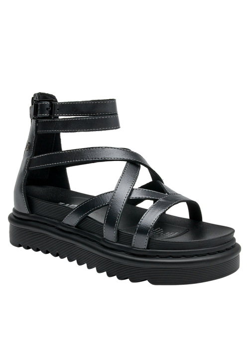Sandalia negra de cuero para mujer, estilo casual con punta abierta.