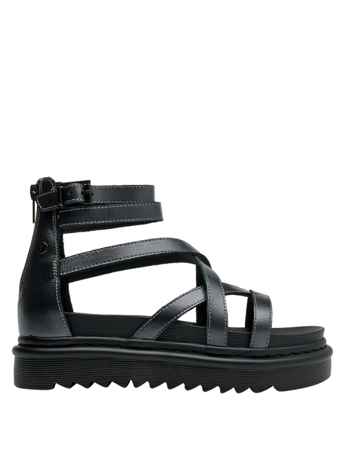 Sandalia negra de cuero para mujer, estilo casual con punta abierta.