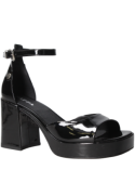 Sandalia negra de charol para mujer con taco bloque de 8.5 cm y punta abierta, estilo contemporáneo.