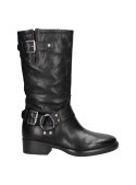 Bota biker de cuero negro para mujer, diseño práctico y duradero, ideal para condiciones climáticas urbanas.