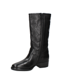 Bota de cuero negro para mujer, estilo biker, con hebillas reforzadas y remaches, caño hasta media pantorrilla.