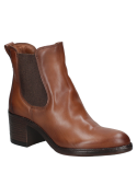Botín Chelsea café de cuero para mujer con elástico lateral y tacón medio cuadrado, ideal para estilo formal o casual.