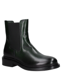 Botín Chelsea verde de cuero para mujer, con paneles elásticos y puntera redondeada. Ideal para uso urbano y formal.