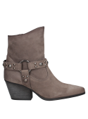 Botín taupe de cuero para mujer, con costura visible que resalta su diseño clásico y funcional, perfecto para uso diario.