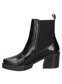 Botín Chelsea negro de cuero para mujer, con taco ancho que brinda estabilidad y soporte para uso prolongado.