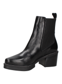 Botín Chelsea negro de cuero para mujer, destacando su parte superior lisa que ofrece un aspecto moderno y pulcro.