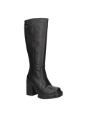 Bota negra de mujer, estilo casual, con caña alta de cuero sintético, detalle lateral de broche, ideal para moda urbana.
