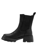 Botín de cuero negro estilo Chelsea para mujer, ideal para uso urbano, con bordes bien cosidos y lengüeta trasera.