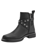 Botín negro de cuero para mujer con textura animal print, diseño robusto y moderno con tachas y cierre lateral.