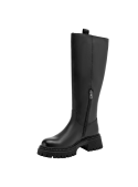 Calzado robusto de cuero negro para mujer, con suela tipo plataforma y banda lateral decorativa, perfecto para climas fríos.