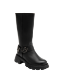 Bota negra de cuero para mujer, estilo casual urbano, con caña alta y correa con hebilla en el empeine para ajuste.
