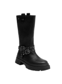 Bota negra de cuero para mujer, estilo biker, con diseño robusto tipo militar y caña alta para soporte y protección.