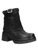 Botín negro de cuero para mujer con estilo casual, ideal para un look moderno y resistente, suela gruesa y tacón cuadrado.