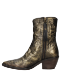 Botín vaquero dorado para mujer, con forma puntiaguda y detalles en costura que aportan personalidad y carácter.