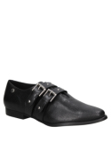 Zapato oxford negro de cuero para mujer, con correas ajustables y hebillas, ideal para un look andrógino.
