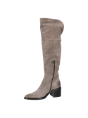 "Bota alta gris de cuero para mujer, estilo casual ""over-the-knee"", con textura de gamuza y silueta ajustada. "