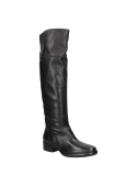 Bota casual de cuero negro para mujer, diseño estilizado sobre la rodilla, ideal para looks elegantes.