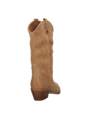 Bota camel de cuero con diseño western y tacón ancho, versátil para conciertos y paseos urbanos en cualquier estación.