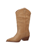 Calzado vaquero de cuero camel con sofisticados cortes y tachuelas, combinable con jeans o vestidos para un toque chic.