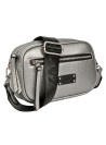 Bandolera gris metalizada de PU con detalles en metal plateado y bolsillos organizadores.