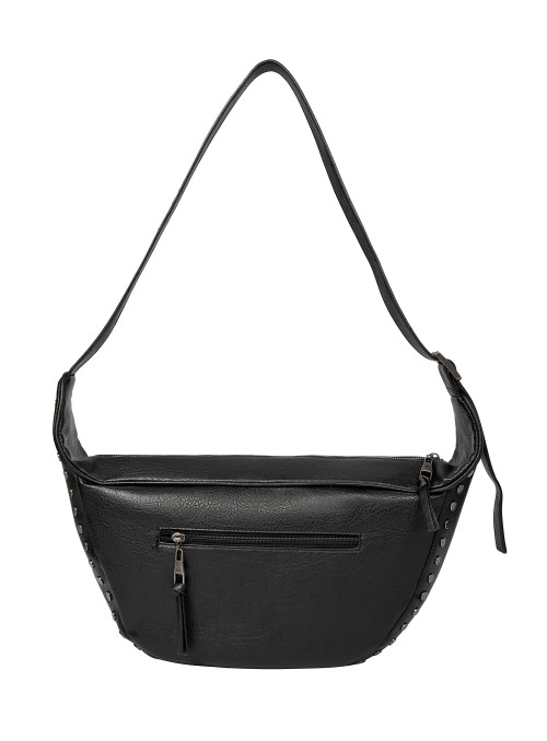 Bandolera moderna en PU negro, estilo casual con tachas, adecuada para el día a día.