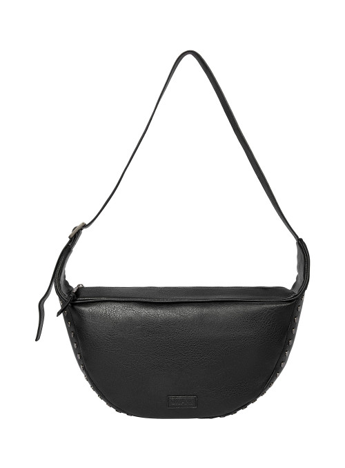 Bandolera moderna en PU negro, estilo casual con tachas, adecuada para el día a día.