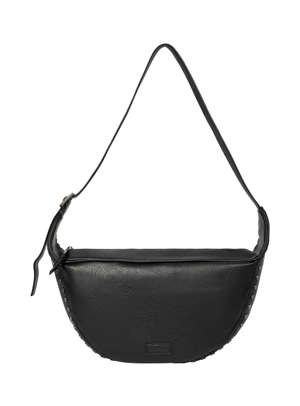 Bandolera moderna en PU negro, estilo casual con tachas, adecuada para el día a día.