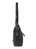 Bandolera sobria y versátil en PU negro, detalles rockeros, perfecta para combinar con jeans.