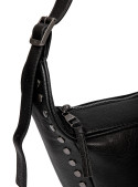 Bandolera negra de mujer, diseño elegante en cuero sintético, con tachas metálicas y correa ajustable.