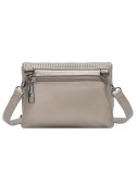 Bandolera gris con compartimentos internos, perfecta para organización y seguridad.