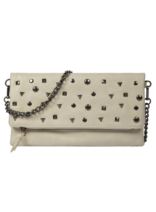 Bandolera beige pálido de PU con tachuelas metálicas cuadradas y redondas, estilo casual chic.