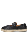 Calzado casual femenino en cuero negro con suela de yute, detalle de hebilla dorada elegante.