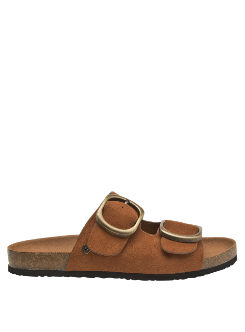 Sandalia casual de mujer en cuero café con hebillas bronce, cómoda para caminar y estilo relajado.