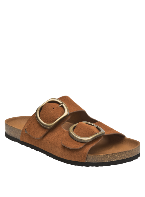 Sandalia casual de mujer en cuero café con hebillas bronce, cómoda para caminar y estilo relajado.