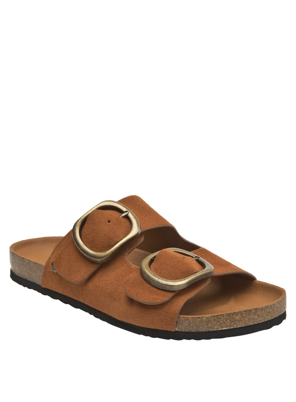 Sandalia casual de mujer en cuero café con hebillas bronce, cómoda para caminar y estilo relajado.